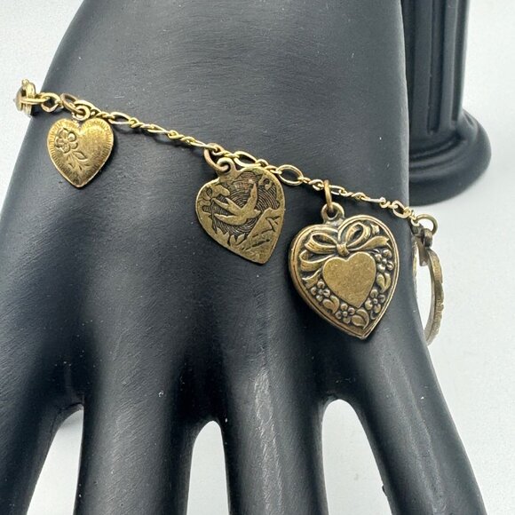 Vintage Brass Heart Charm Bracelet With Intricate Designs & Clasp Closure - Picture 5 of 6